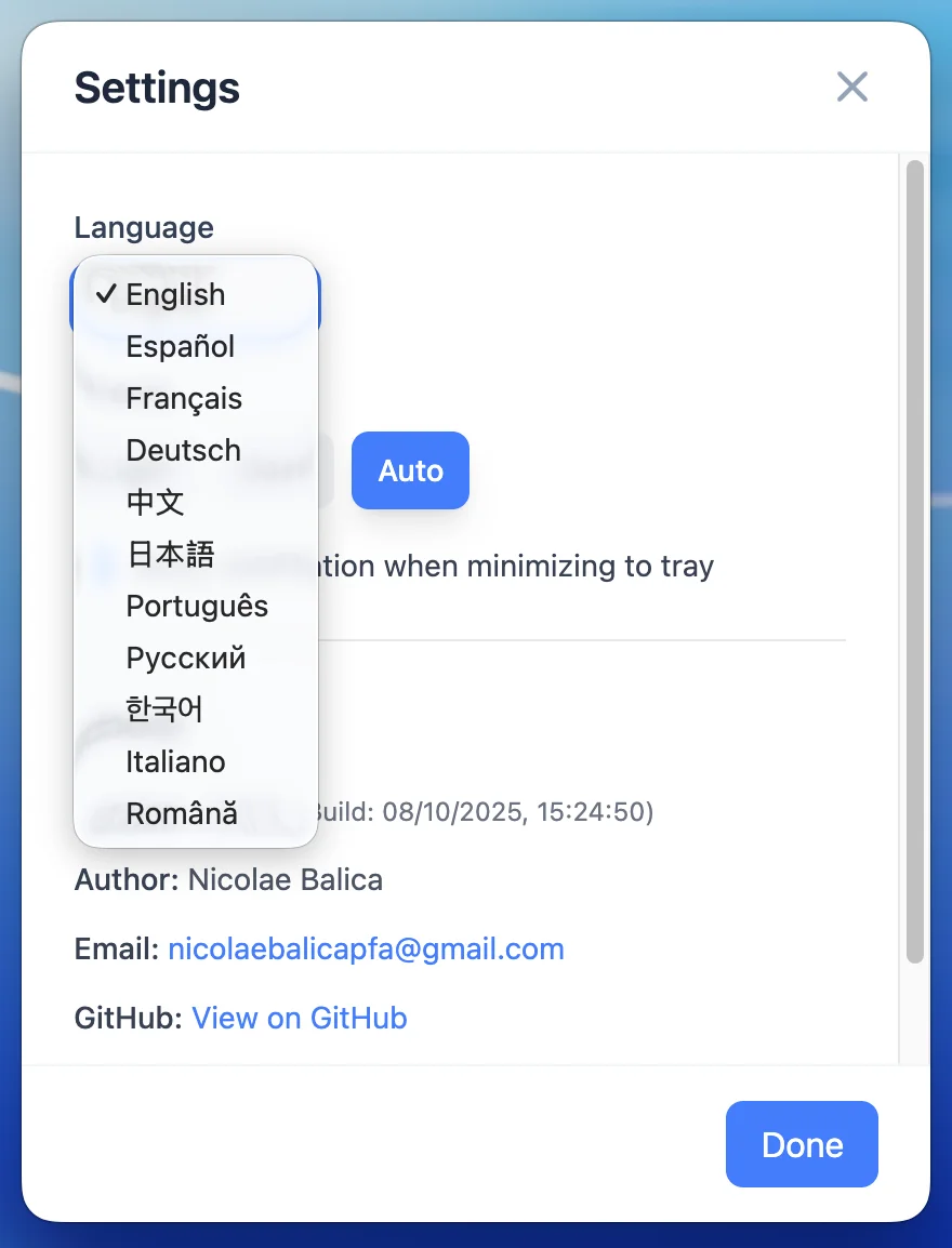 Language selection dropdown showing 11 supported languages with automatic system detection